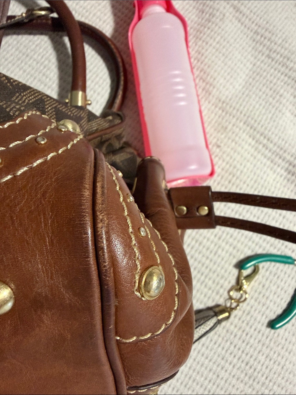 Michael Kors Brown MK Logo Drawstring Tote with Leather Trim - Picture 8 of 12